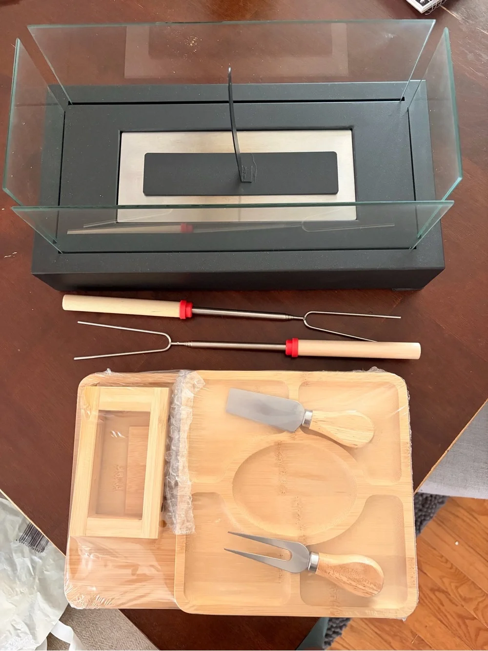 Black Tabletop Firepit with Bamboo Dessert & Fruit Boards Set & utensils